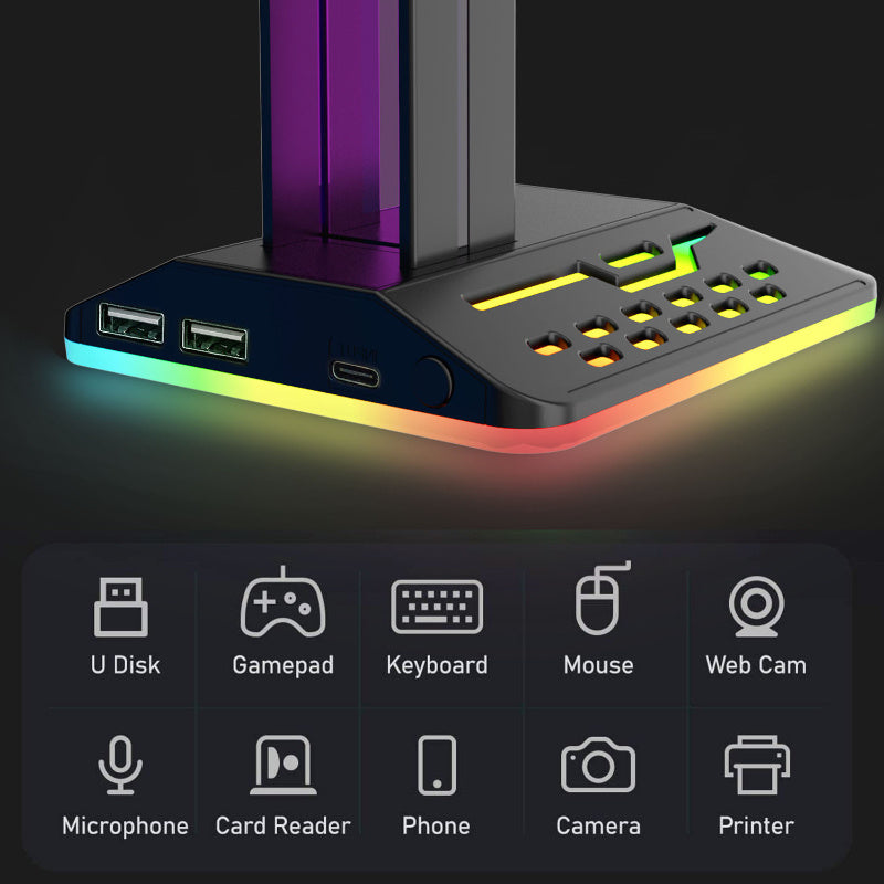 RGB Gaming Headset Stand - Dynamic E-sports Design with Color-Changing Lights - Dual USB, Charging Dock, Wire Management System for a Neat Setup