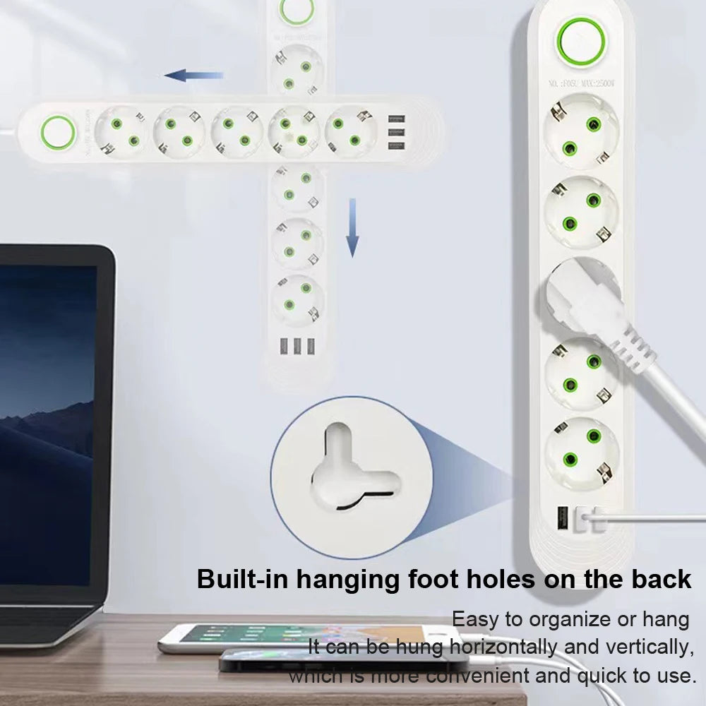 Velmora EU Plug AC Outlet Smart Home Multiprise Power Strip Extension Cord Electrical Socket Network Filter With USB Ports Fast Charging