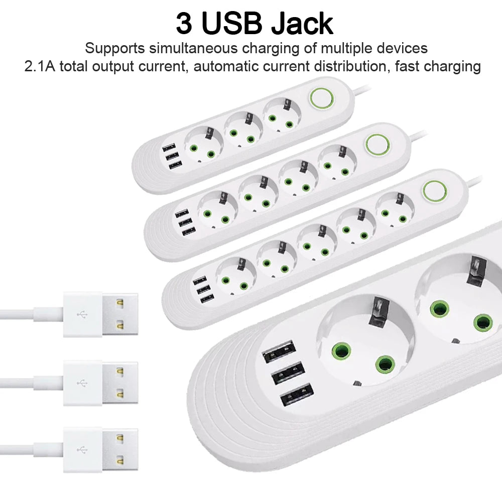 Velmora EU Plug AC Outlet Smart Home Multiprise Power Strip Extension Cord Electrical Socket Network Filter With USB Ports Fast Charging
