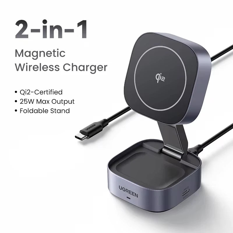 UGREEN Qi2 25W Magnetic Wireless Charger Stand 2-in-1 Charging Stand For iPhone 15 16 Pro Max/AirPods For MagSafe Fast Charger ⭐⭐⭐⭐⭐4.9\5  Loved by 4000+customers