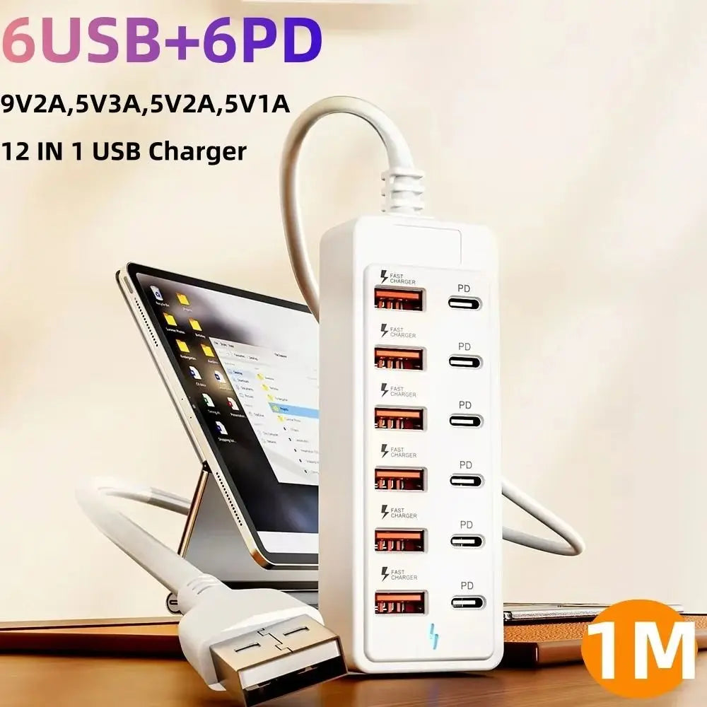 Velmora NEW Fast Charging USB Charger 12 in 1 USB Charging Station Type-C Multiple Ports USB Hub Office