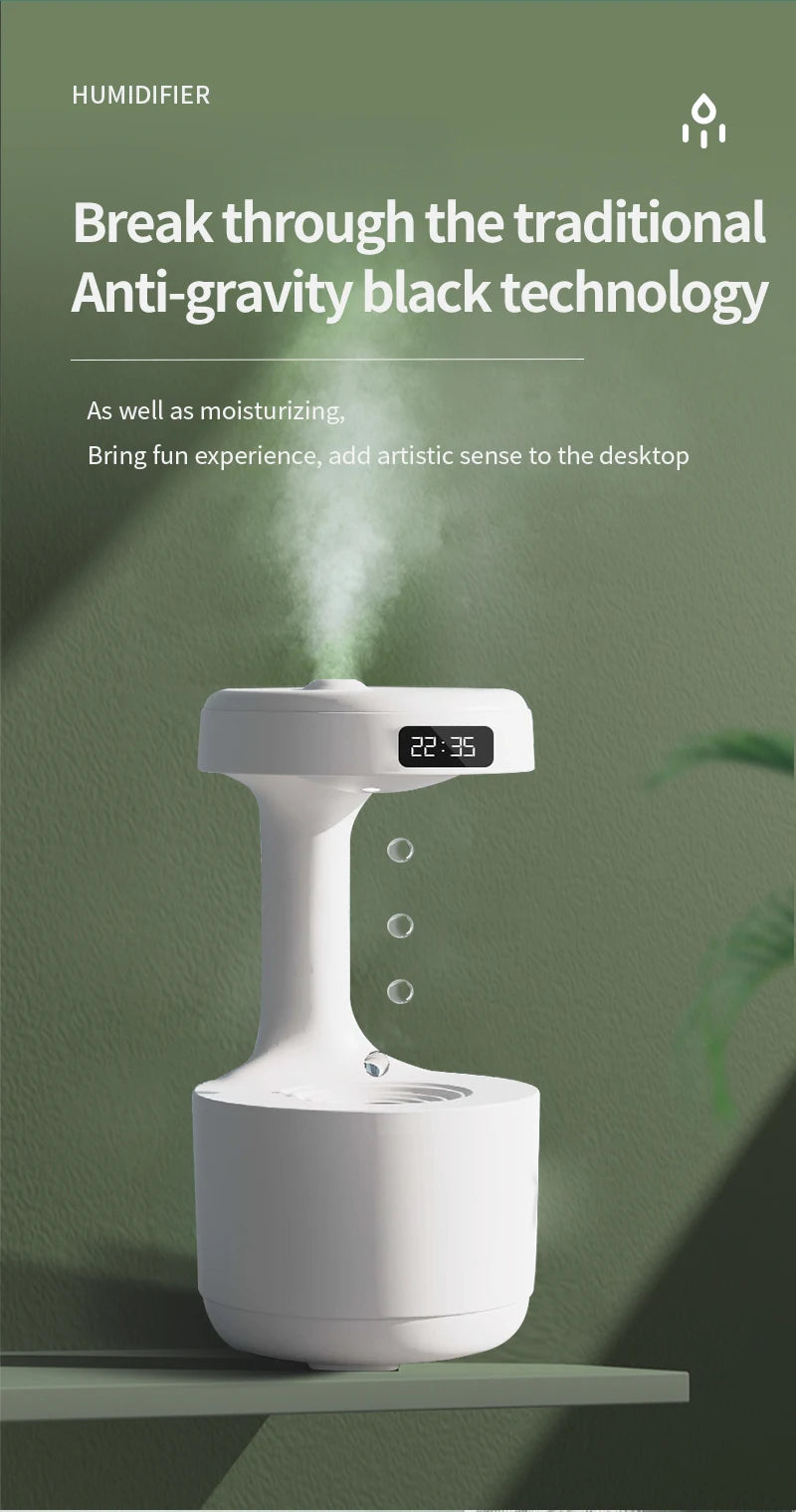 600ML Anti-Gravity Droplet Humidifier Quiet Ultrasonic Humidifier With LED Smart Display Clock Air Purification Fog Humidifier