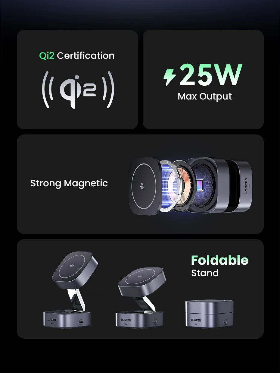 UGREEN Qi2 25W Magnetic Wireless Charger Stand 2-in-1 Charging Stand For iPhone 15 16 Pro Max/AirPods For MagSafe Fast Charger ⭐⭐⭐⭐⭐4.9\5  Loved by 4000+customers