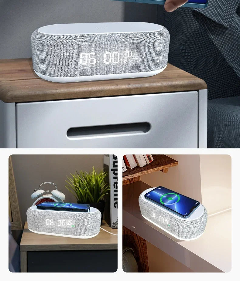 Velmora Alarm Clock Wireless Chargers Pad Phone Bedroom Lamp Night Light Desk Thermometer For iPhone 17 16 15 14 13 Fast Charging Dock