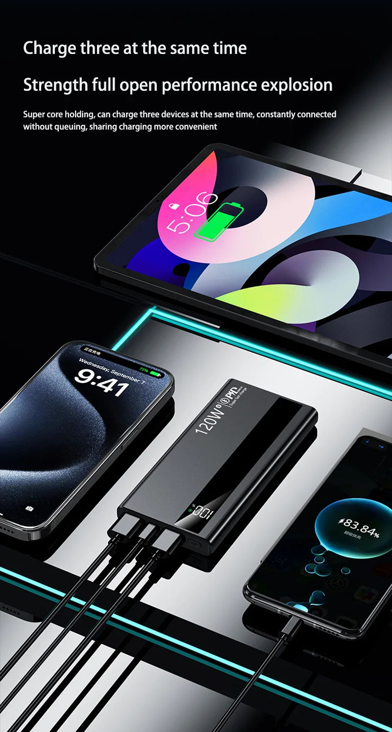 Velmora 500000mAh High Capacity PowerBank 120W Super Fast Charging Portable External Battery Powerbank for iphone Huawei