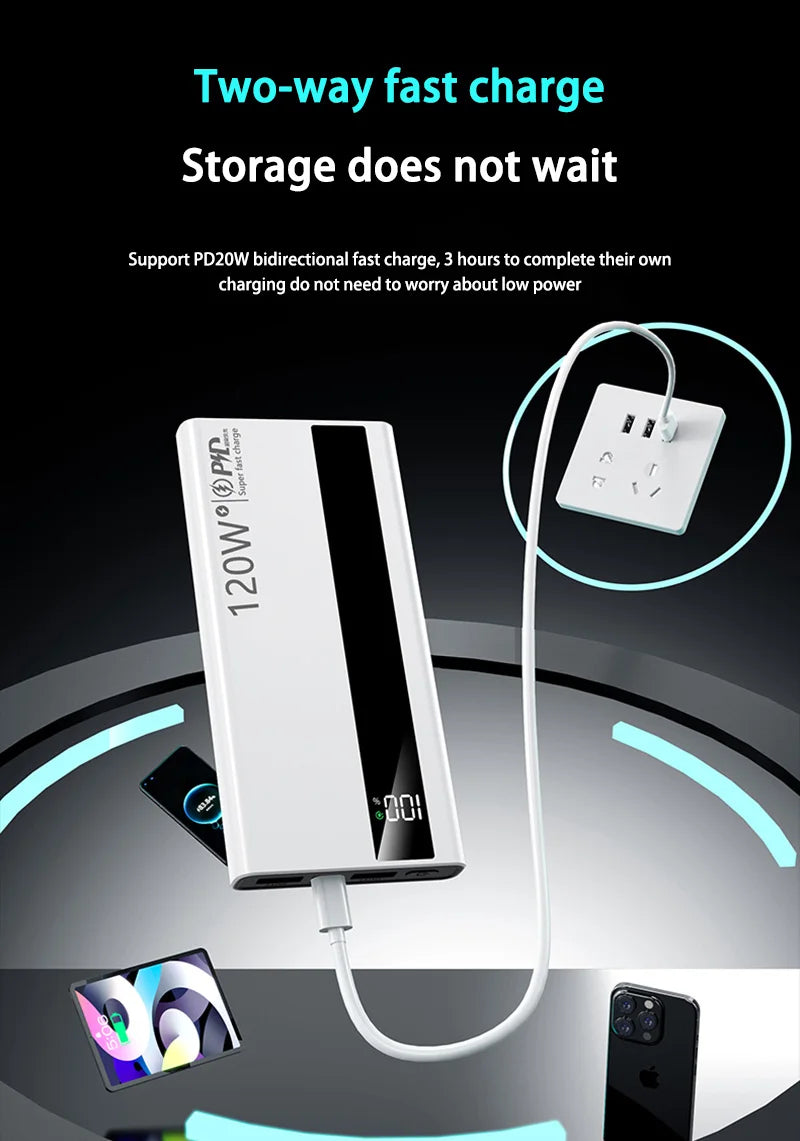 Velmora 500000mAh High Capacity PowerBank 120W Super Fast Charging Portable External Battery Powerbank for iphone Huawei