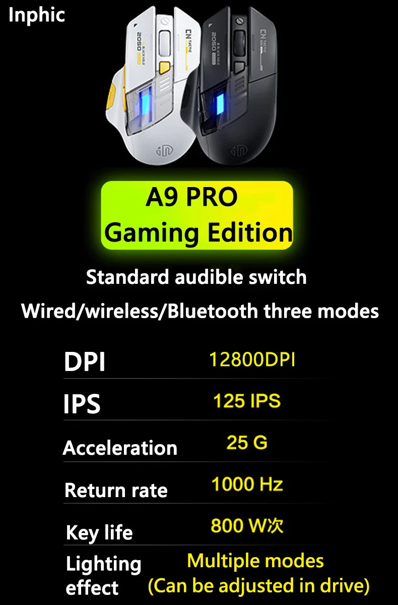 Inphic A9 PRO MAX New Three-Mode Wired/Wireless/Bluetooth Gaming Mouse 1000HZ Return Rate 12800DPI Wireless Mouse