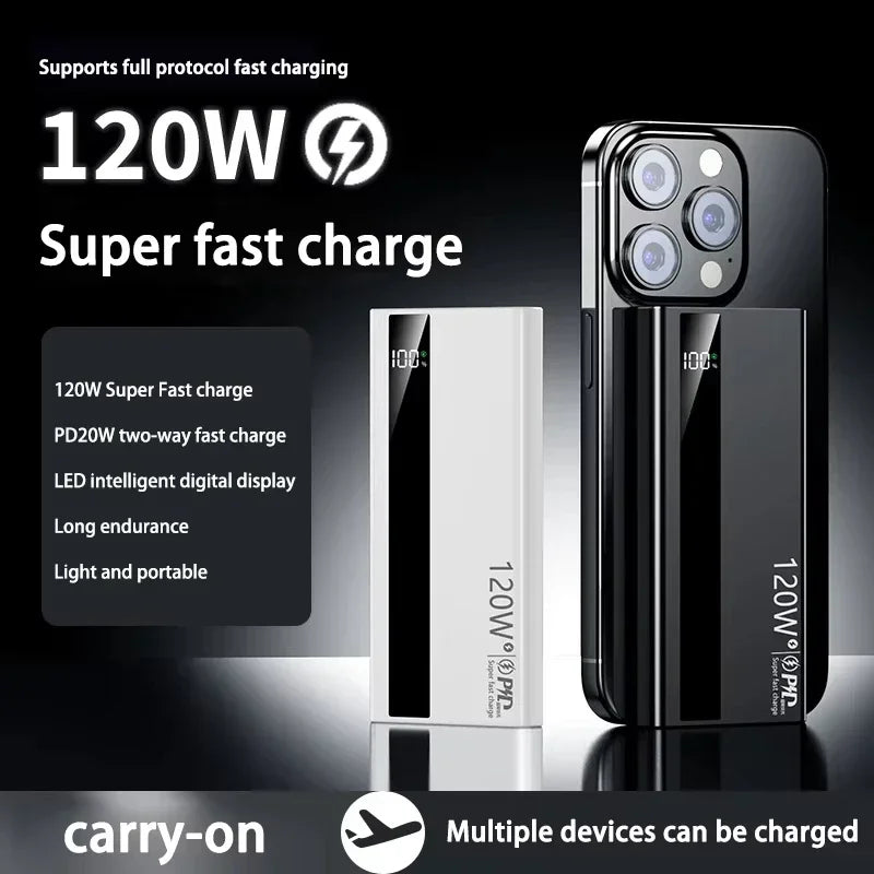 Velmora 500000mAh High Capacity PowerBank 120W Super Fast Charging Portable External Battery Powerbank for iphone Huawei