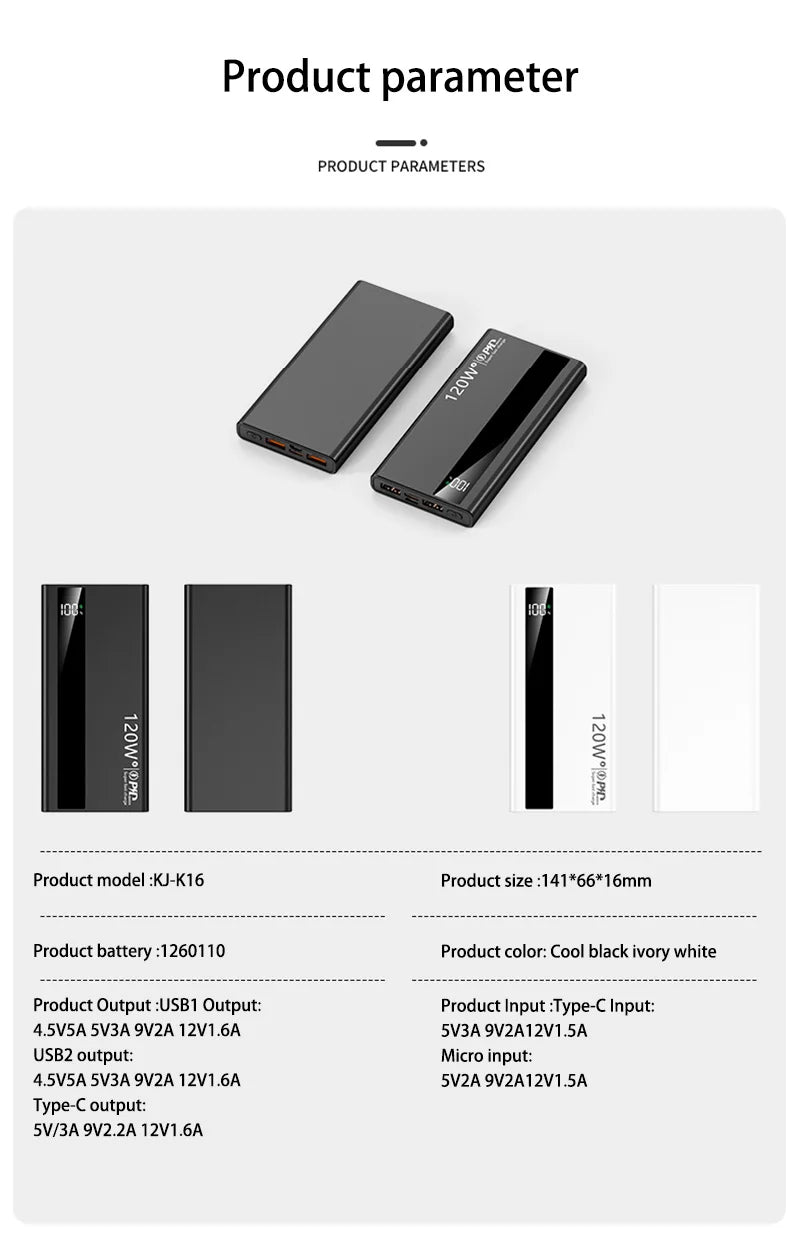 Velmora 500000mAh High Capacity PowerBank 120W Super Fast Charging Portable External Battery Powerbank for iphone Huawei