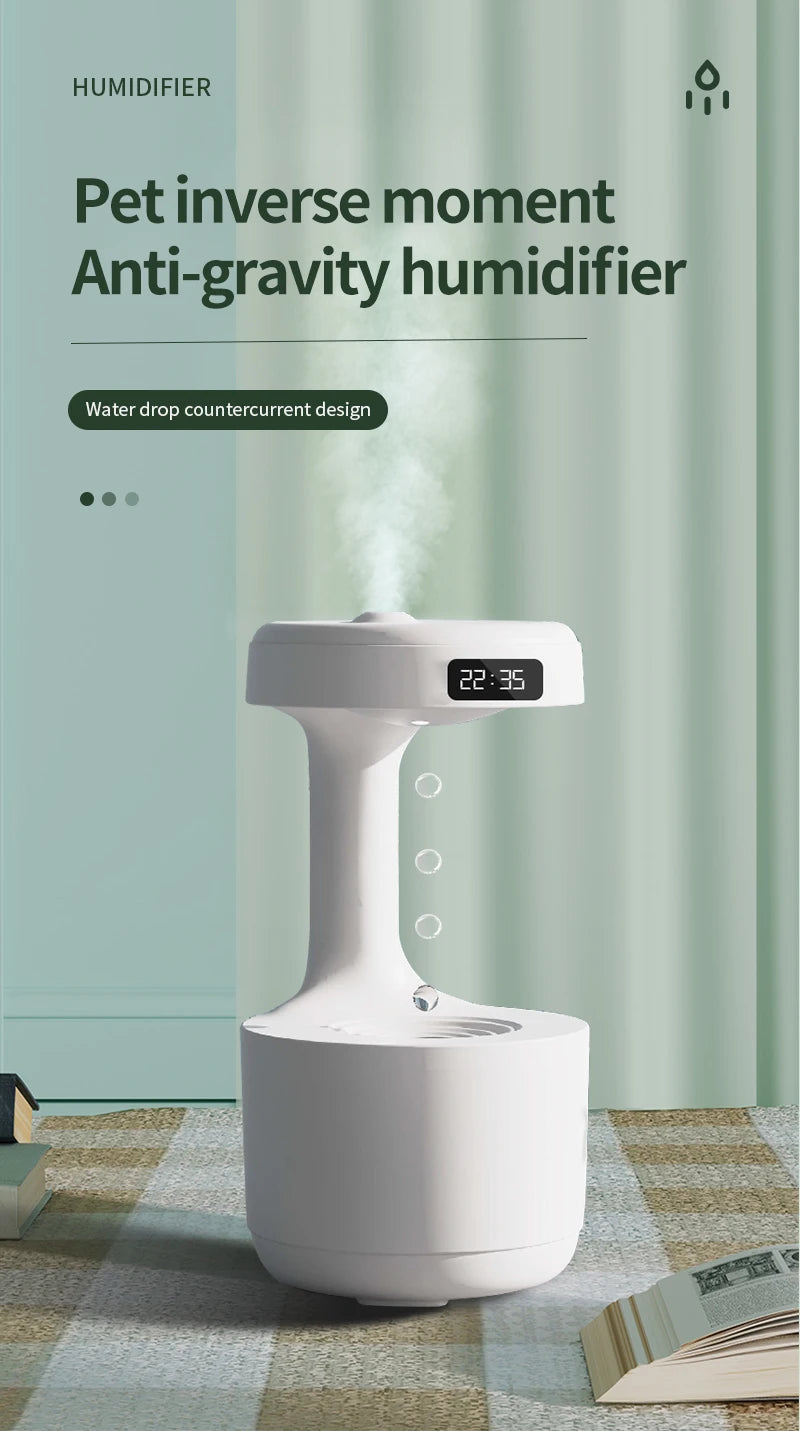 600ML Anti-Gravity Droplet Humidifier Quiet Ultrasonic Humidifier With LED Smart Display Clock Air Purification Fog Humidifier