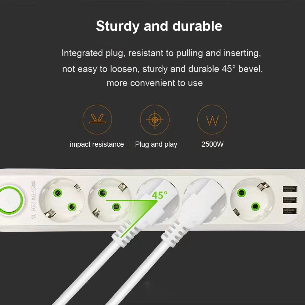 Velmora EU Plug AC Outlet Smart Home Multiprise Power Strip Extension Cord Electrical Socket Network Filter With USB Ports Fast Charging