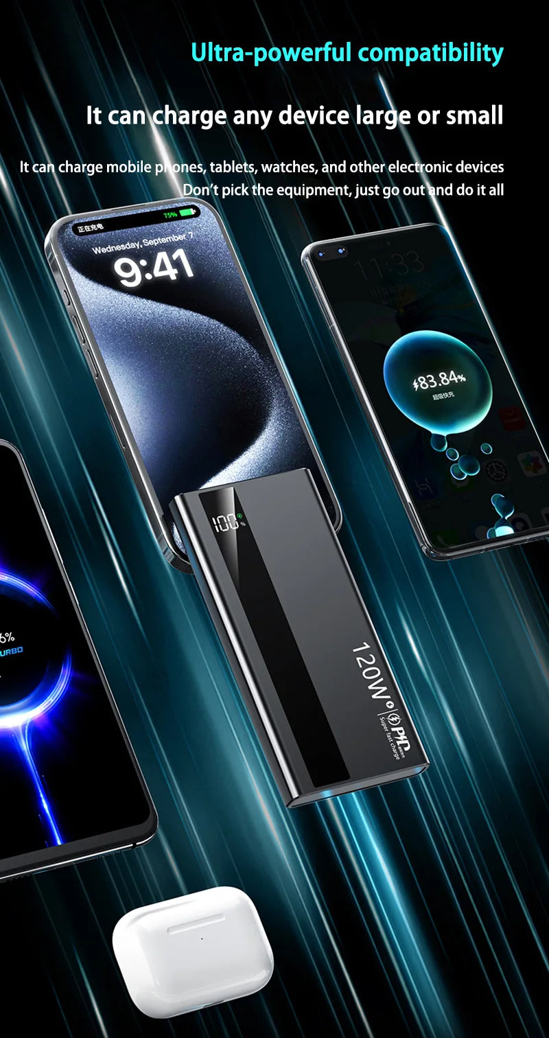 Velmora 500000mAh High Capacity PowerBank 120W Super Fast Charging Portable External Battery Powerbank for iphone Huawei